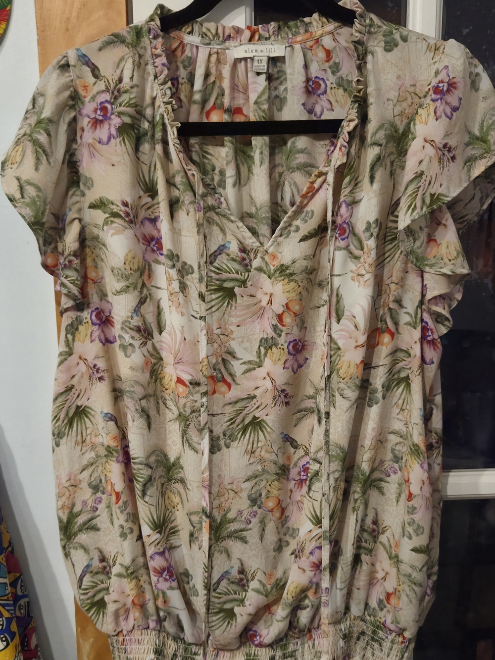 Alex and Ani Beige Floral Ruffle Sleeve V-Neck Blouse